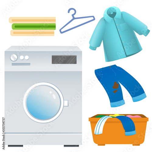 Color image of washing machine with clothes and linen on white background. Laundry and housework. Household equipment. Vector illustration set.