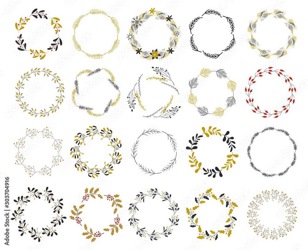 Vector illustration - Laurels and wreaths. Merry Christmas Wreath. Sketched wreath, floral. Botanical hand drawn design elements. Nature vector illustration. Vector illustration - Laurels and wreaths. Merry Christmas Wreath. Sketched wreath, floral. Botanical hand drawn design elements. Nature vector illustration.