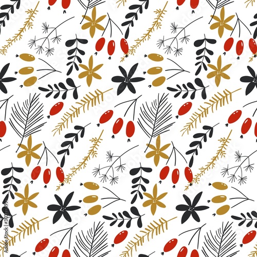 Vector seamless pattern with the traditional Christmas floral elements. Hand drawn christmas tree branches and berries. Used for wallpaper, pattern fills, web page background, surface textures. © nadia1992