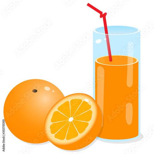 Color image of glass of orange juice with a straw on white background. Food and meals. Vector illustration.