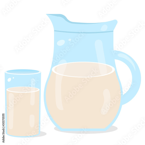 Color image of glass pitcher with glass of milk on white background. Food and meals. Vector illustration set.