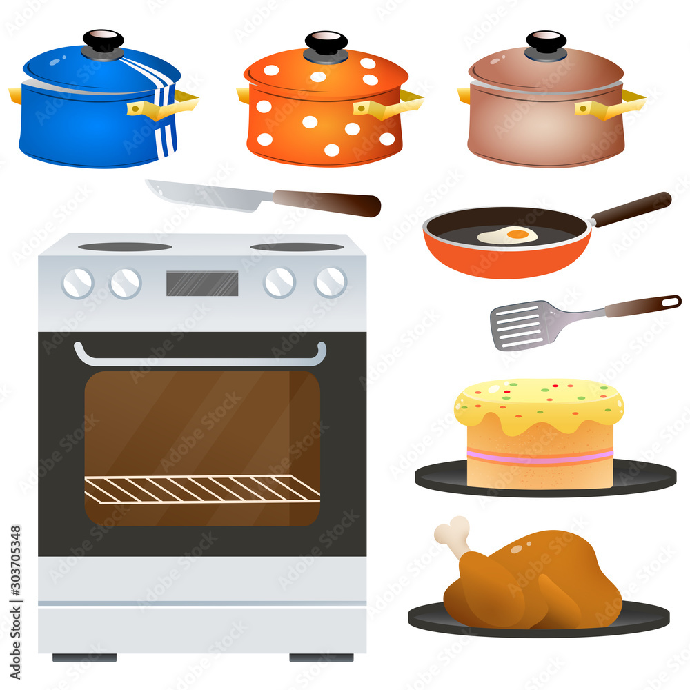 Color images of electric oven or stove with set of dishes on white background. Kitchen and cooking. Household equipment. Vector illustration.