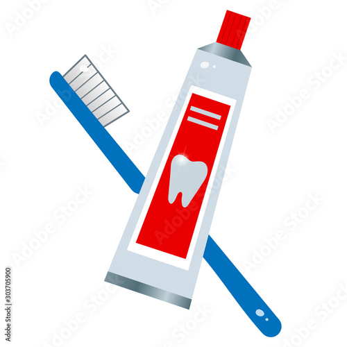 Color image of toothbrush and toothpaste on white background. Health and hygiene. Vector illustration for dentistry.