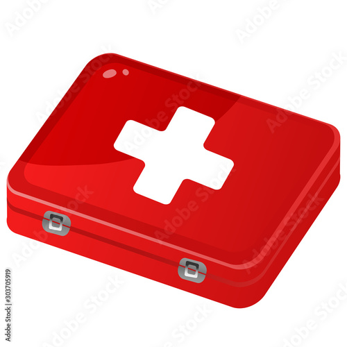 Color image of red medicine chest or first aid kit on white background. Health and medical. Vector illustration.