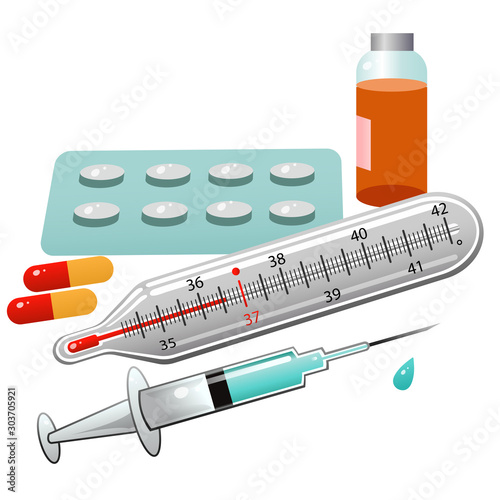 Color images of medicine thermometer with pills, iodine and syringe on white background. Health and medical. Vector illustration set.