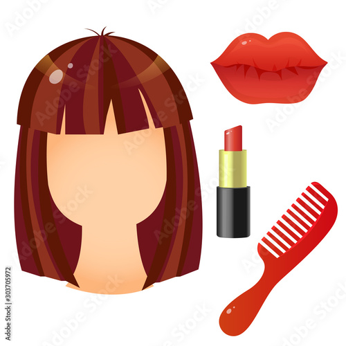 Color images of red lipstick and lips, comb and hair on white background. Female set. Beauty and cosmetics. Vector illustration.