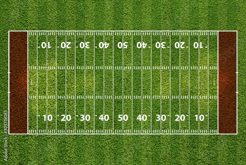 American football field with hash marks and yard lines. Grass textured