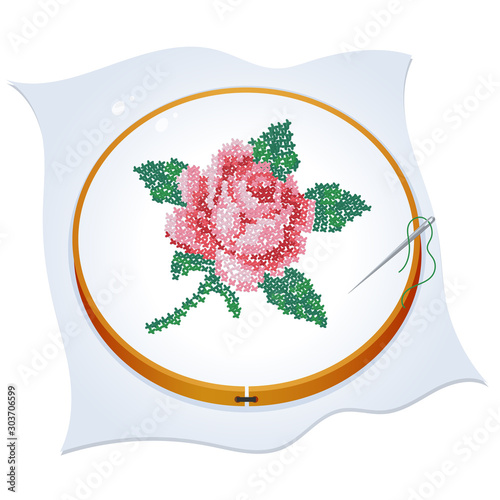 Cross embroidered rose. Color image of hoop with needlework on a white background. Vector illustration for handcraft.