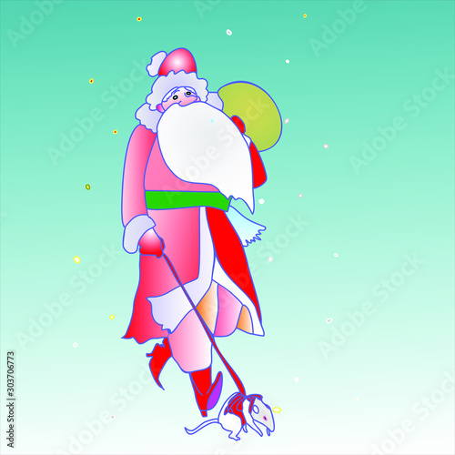 walking Santa Claus and leads a white rat on a leash