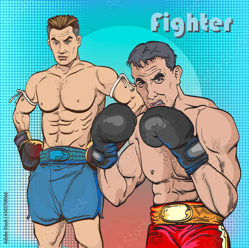 2 scary young men in the boxing ring. Pop art retro comic book cartoon drawing vector illustration kitsch vintage