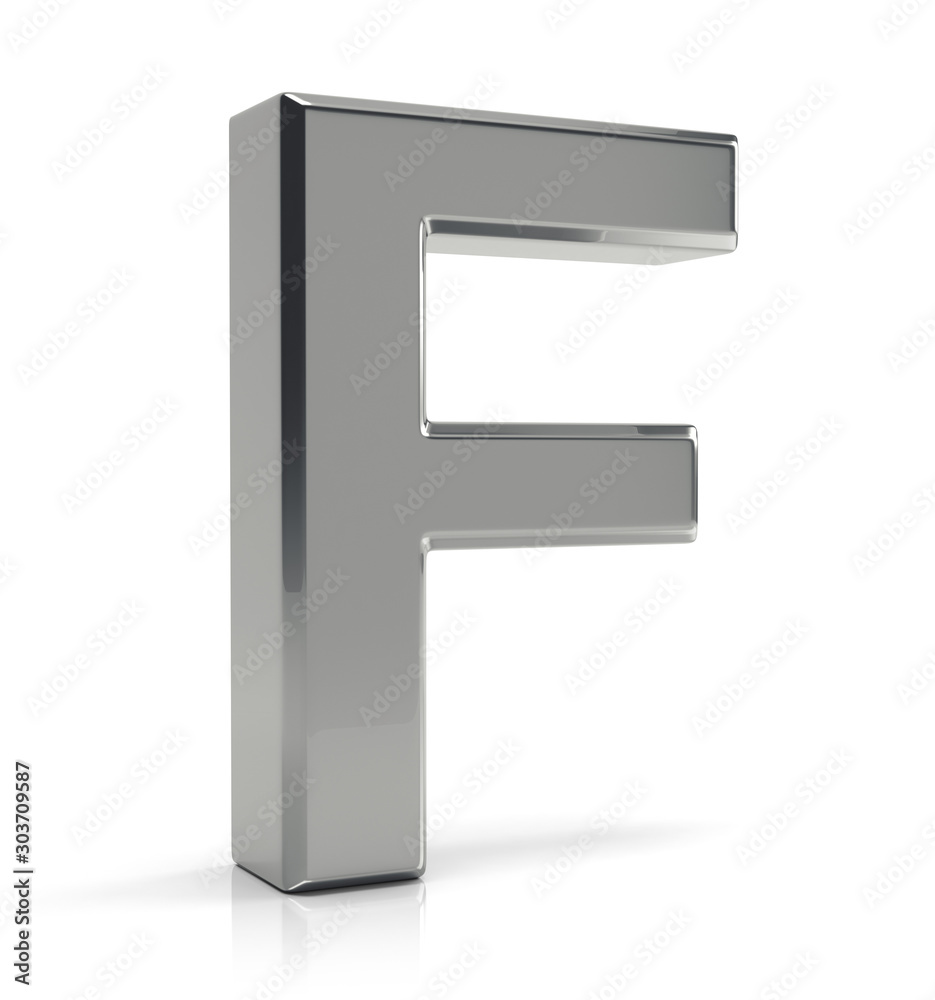 F letter 3d render. Silver letter F isolated on white background F letter 3d render. Silver letter F isolated on white background