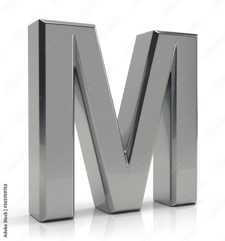 M letter 3d render. Silver letter M isolated on white background. Stock ...