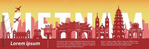 Vietnam famous landmark silhouette style with country name and national flag color