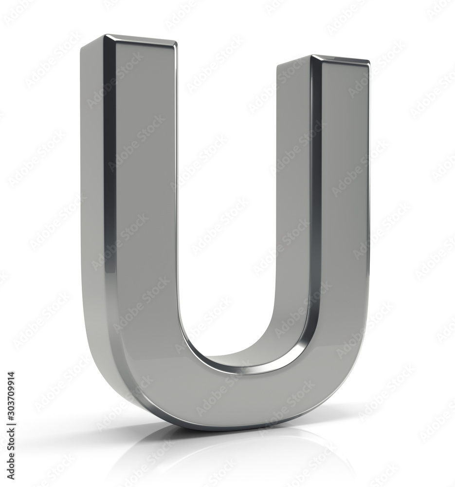 U letter 3d render. Silver letter U isolated on white background. U letter 3d render. Silver letter U isolated on white background.
