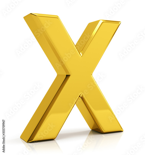 X letter 3d render. Golden letter X isolated on white background.