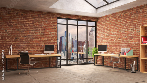 Industrial loft style office 3d render. Includes red brick walls, ceiling windows view of city.