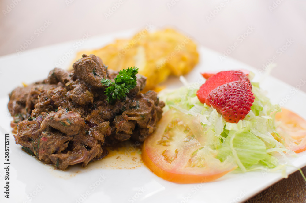 Traditional Colombian menu, meat, potatoes Traditional Colombian menu, meat, potatoes