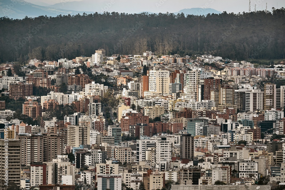 View of Quito, Ecuador with densly populated residential distric in the center