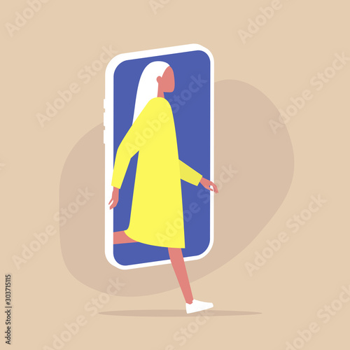 Digital detox and Modern lifestyle, Young female character stepping out of the mobile phone screen