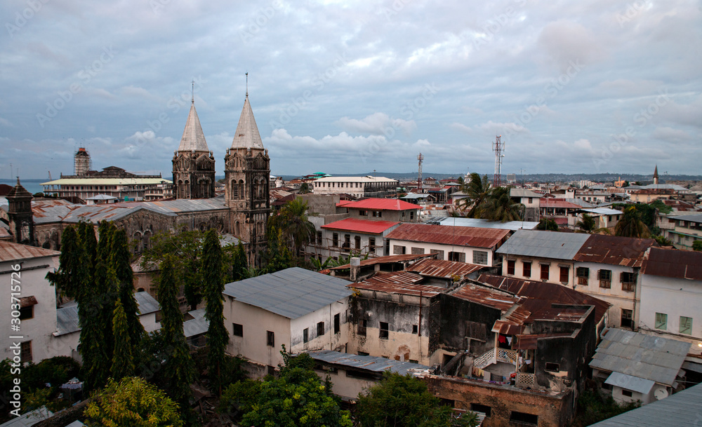 Day time shot of Stone Town Zanzibar with cathedral towers