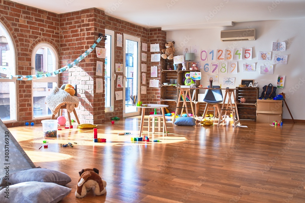 Picture of preschool playroom with colorful furniture and toys around empty kindergarten - obrazy, fototapety, plakaty 