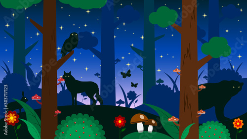 Colorful forest in the sunlight. butterflies, mushrooms, berries, trees. 