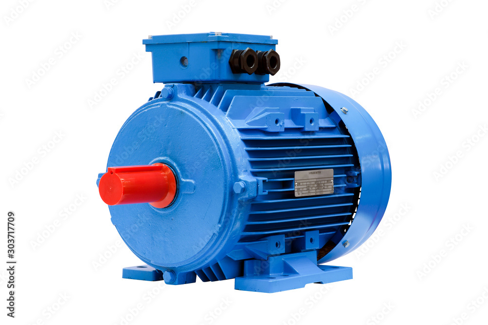 Industrial new blue water pump, motor pump medium size for work on industrial factory, warehouse, private homes and village, isolated on white background