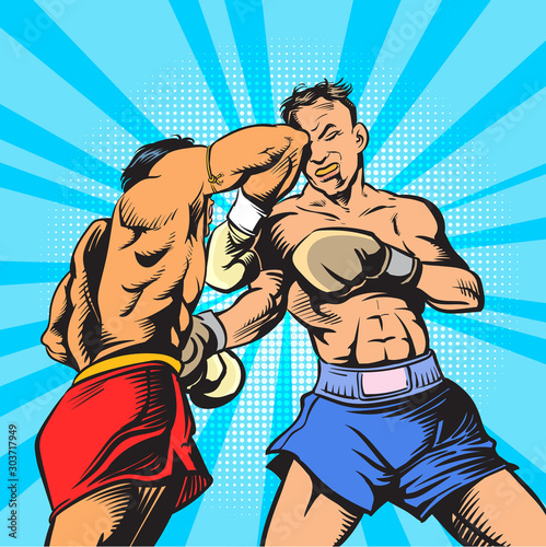 Muay Thai,Elbow hit the face.Pop art vector illustration.colorful poster. Promotion of billboard design.images separated from the background