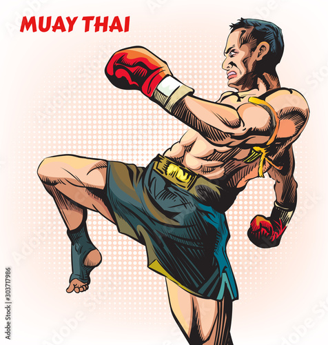Thai boxing, martial arts.Vector illustration.Isolated on white background. Pop art retro comic.