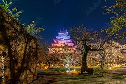 Tsuruga-jo castle, light up at night time. Aizu Wakamatsu, Fukushima Japan.