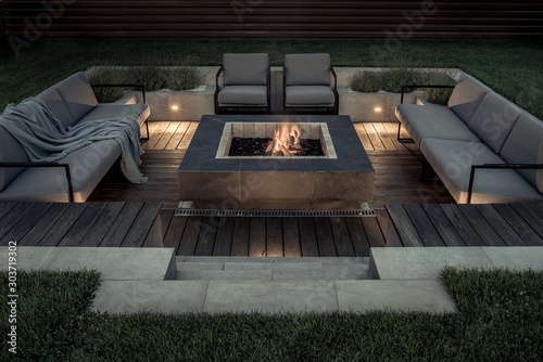Outdoor zone for relax with burning fire pit