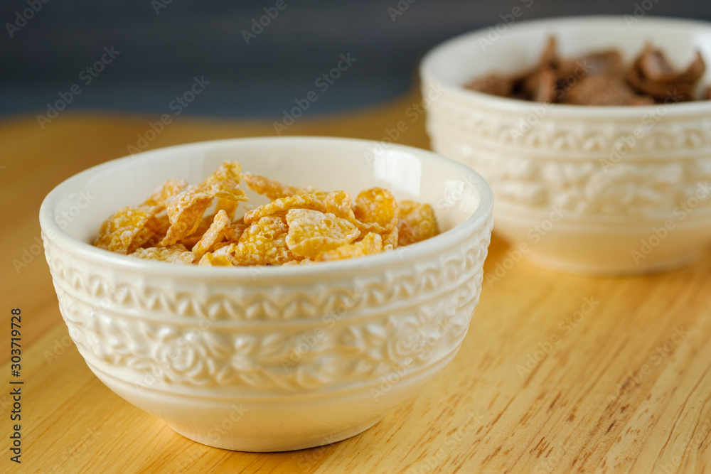 Close up cereals in white bowl Close up cereals in white bowl
