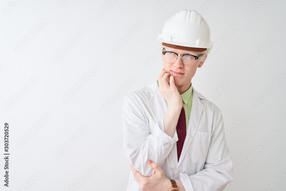Albino scientist man wearing glasses and helmet standing over isolated white background thinking looking tired and bored with depression problems with crossed arms. Albino scientist man wearing glasses and helmet standing over isolated white background thinking looking tired and bored with depression problems with crossed arms.