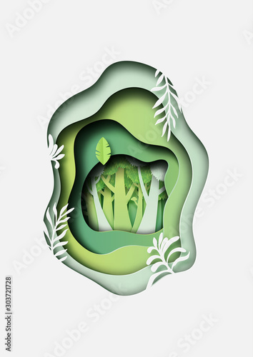 Canvastavla Green plant and forest paper cut abstract background