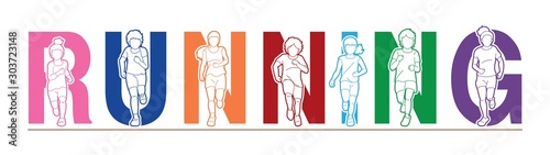 Group of Children running, Running text font design, kids run together cartoon graphic vector.