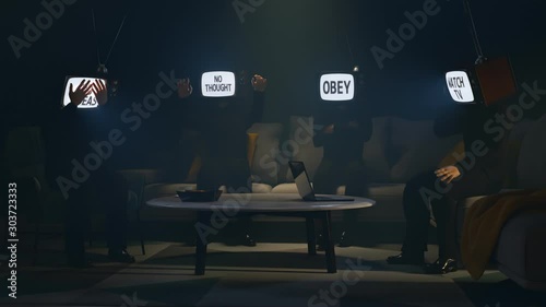 Men in a dark room with TV`s on their heads. Conformist words  on the screen.