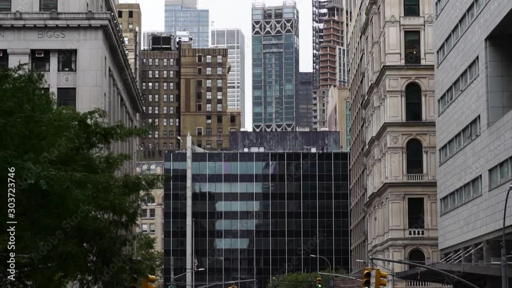 Establishing moving drone shot of skyscrapers buildings street in New York City Manhattan. slow motion. Concept of American modern urban life, NYC Establishing moving drone shot of skyscrapers buildings street in New York City Manhattan. slow motion. Concept of American modern urban life, NYC