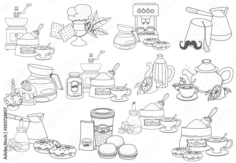 Coffee theme set of icons. Drinks and food. Outline drawings.