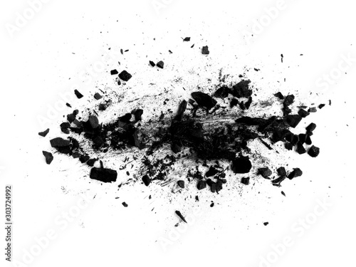 Black charcoal texture background. Black wood charcoal dust isolated on white background. Coal dust and wood charcoal.