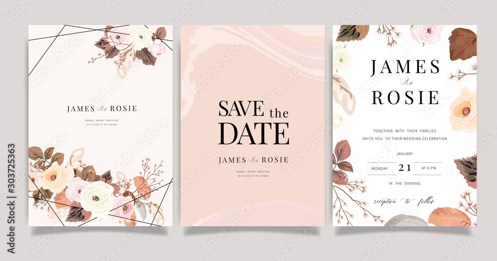 Autumn and winter Flower Wedding Invitation set, floral invite thank you, rsvp modern card Design in pink brown floral with leaf greenery branches decorative Vector elegant rustic template Autumn and winter Flower Wedding Invitation set, floral invite thank you, rsvp modern card Design in pink brown floral with leaf greenery branches decorative Vector elegant rustic template