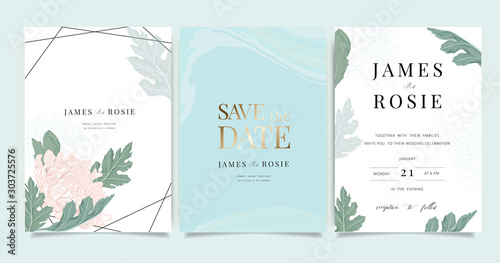  Luxury Wedding Invitation set,  invite thank you, rsvp modern card Design in Golden and white flower with leaf greenery branches  decorative Vector elegant rustic template