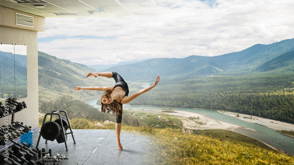Fototapeta premium Extreme yoga practice. Mixed media