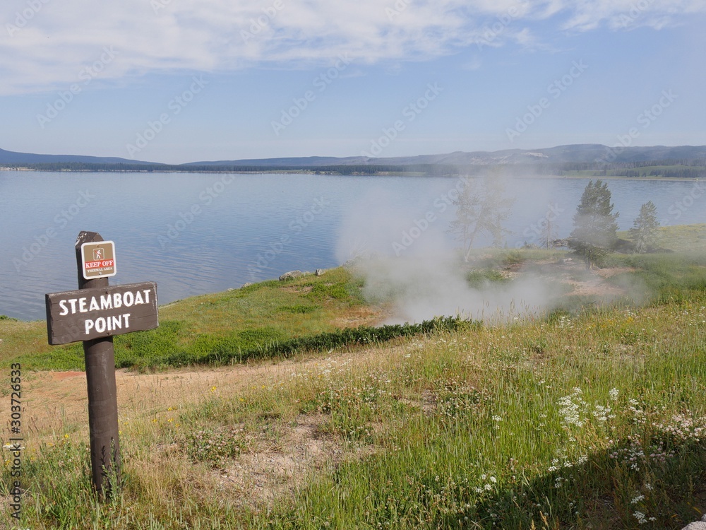 Steam rises from the ground at Steamboat Point by Yellowstone Lake, Yellowstone National Park in Wyoming, USA.