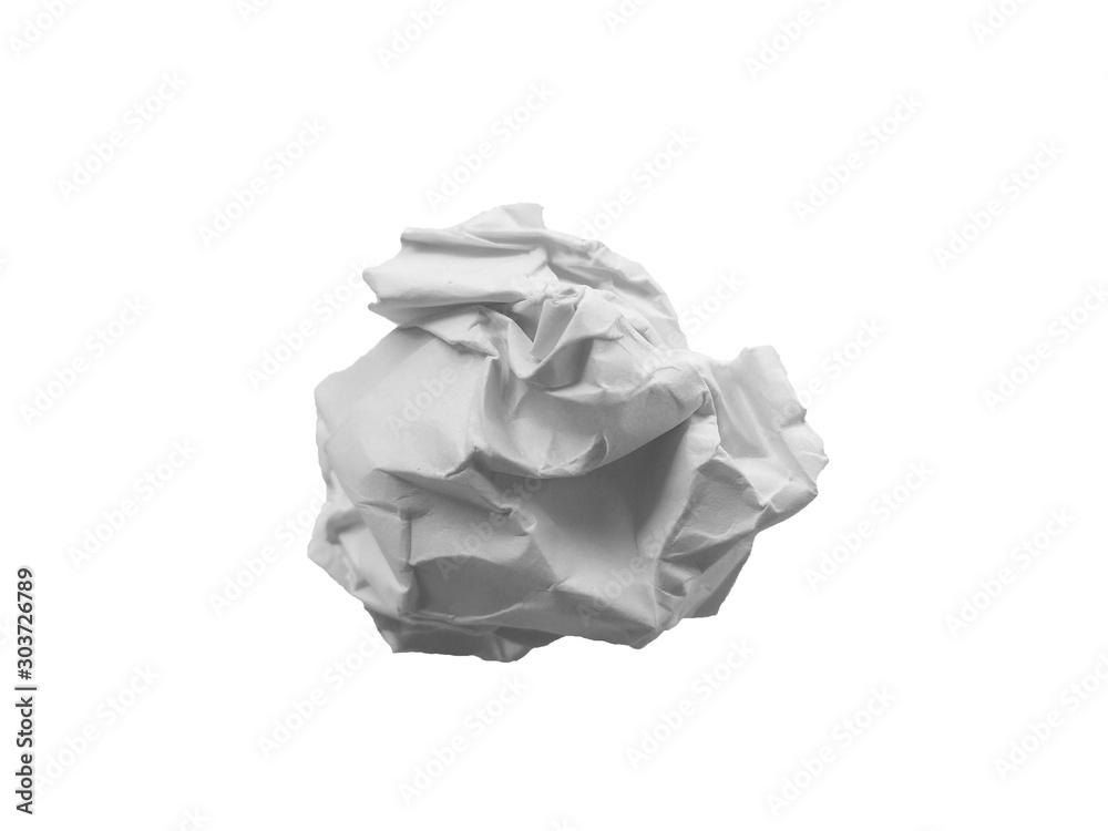 Crumpled paper ball isolated on white background. Crumpled paper texture. White crumpled paper texture for background.