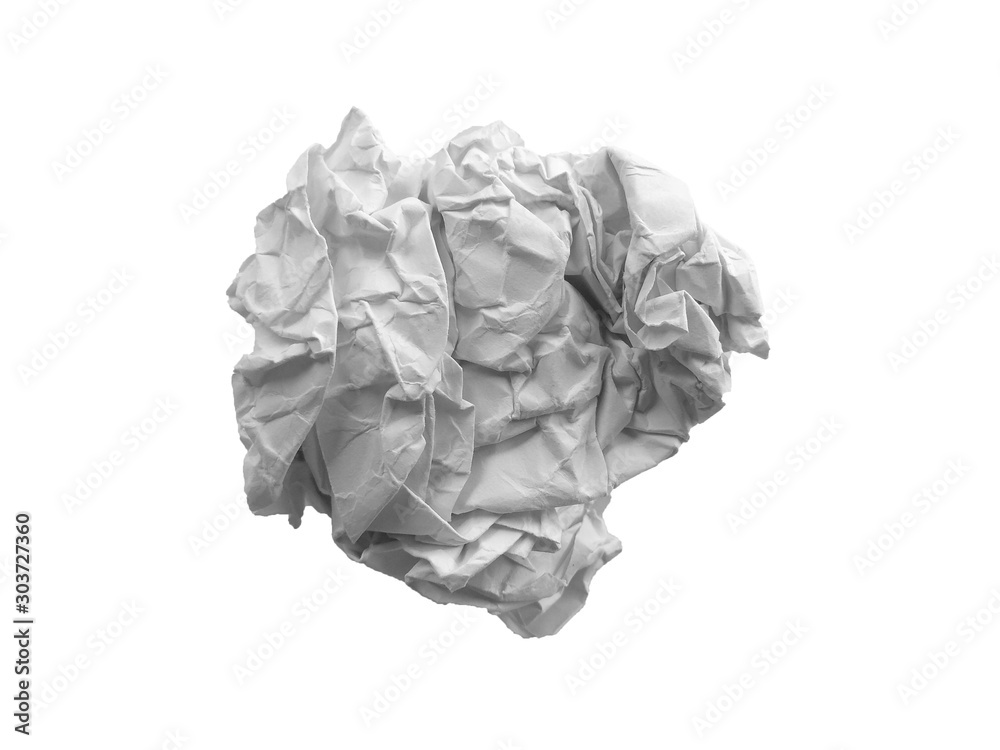 Crumpled paper ball isolated on white background. Crumpled paper texture. White crumpled paper texture for background.