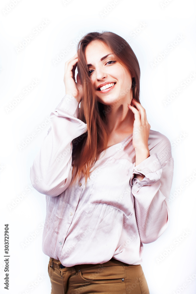 young pretty woman with blond hair on white background isolated, sensual makeup, fashion look, lifestyle people concept young pretty woman with blond hair on white background isolated, sensual makeup, fashion look, lifestyle people concept