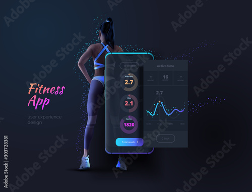 Development of a mobile fitness app. Mobile phone with app layout for sports, healthy lifestyle. Layout of a mobile application with diagrams, statistics, results. Vector illustration.