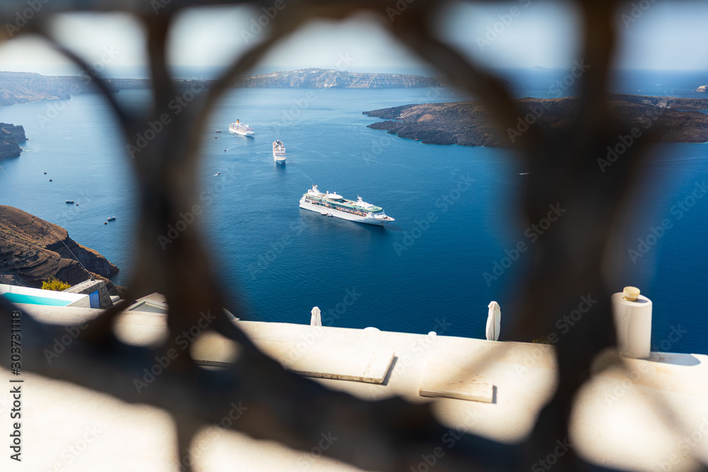 Cruise ships anchored in caldera in Santorini, Greece islands.  