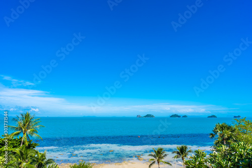 Beautiful tropical sea ocean with coconut palm tree on blue sky white cloud © siraphol