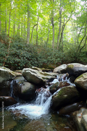Water rushing over boulders in a creek in the Great Smoky Mountains National Park